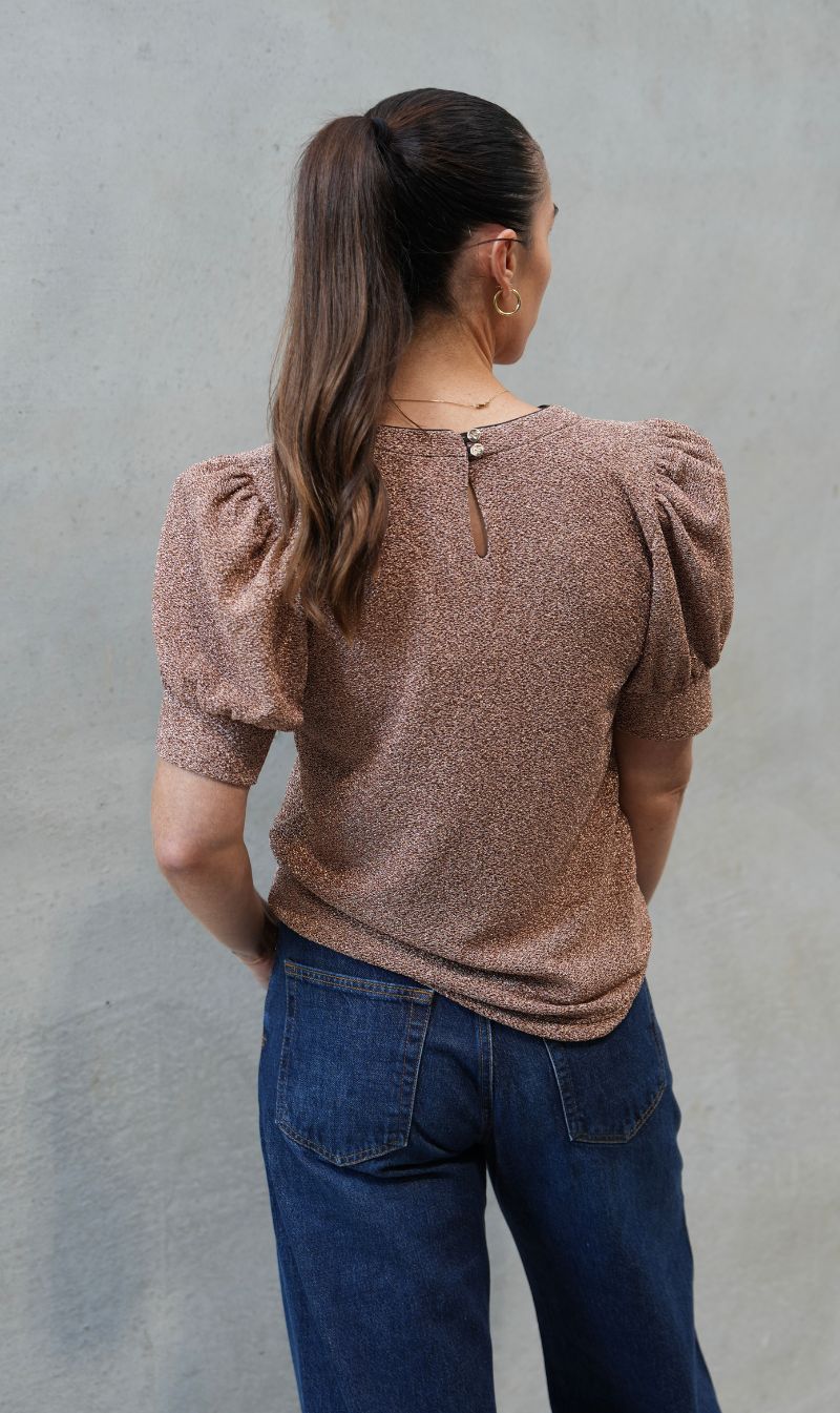 Luxe De Valentina | Como Puff Sleeve T.Shirt - Moet Gold Lame