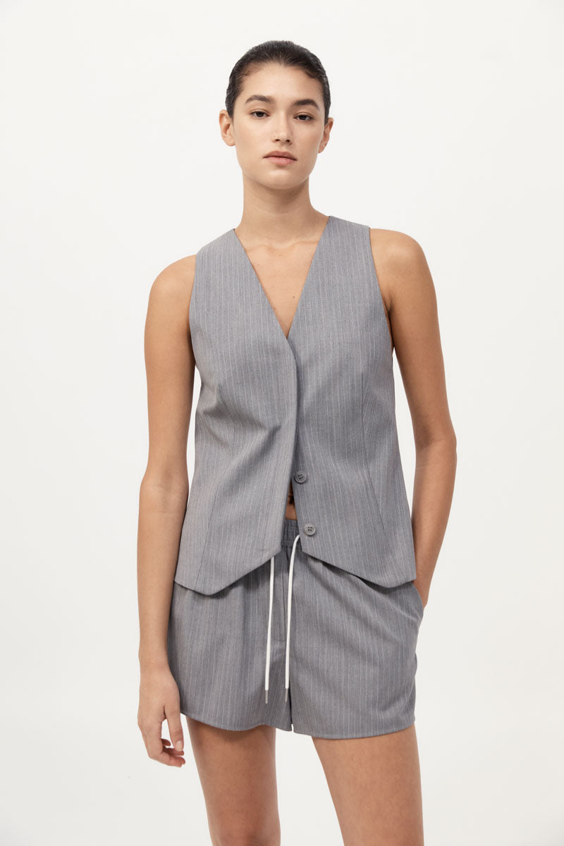 St Agni | Pinstripe Wool Vest - Grey Pinstripe