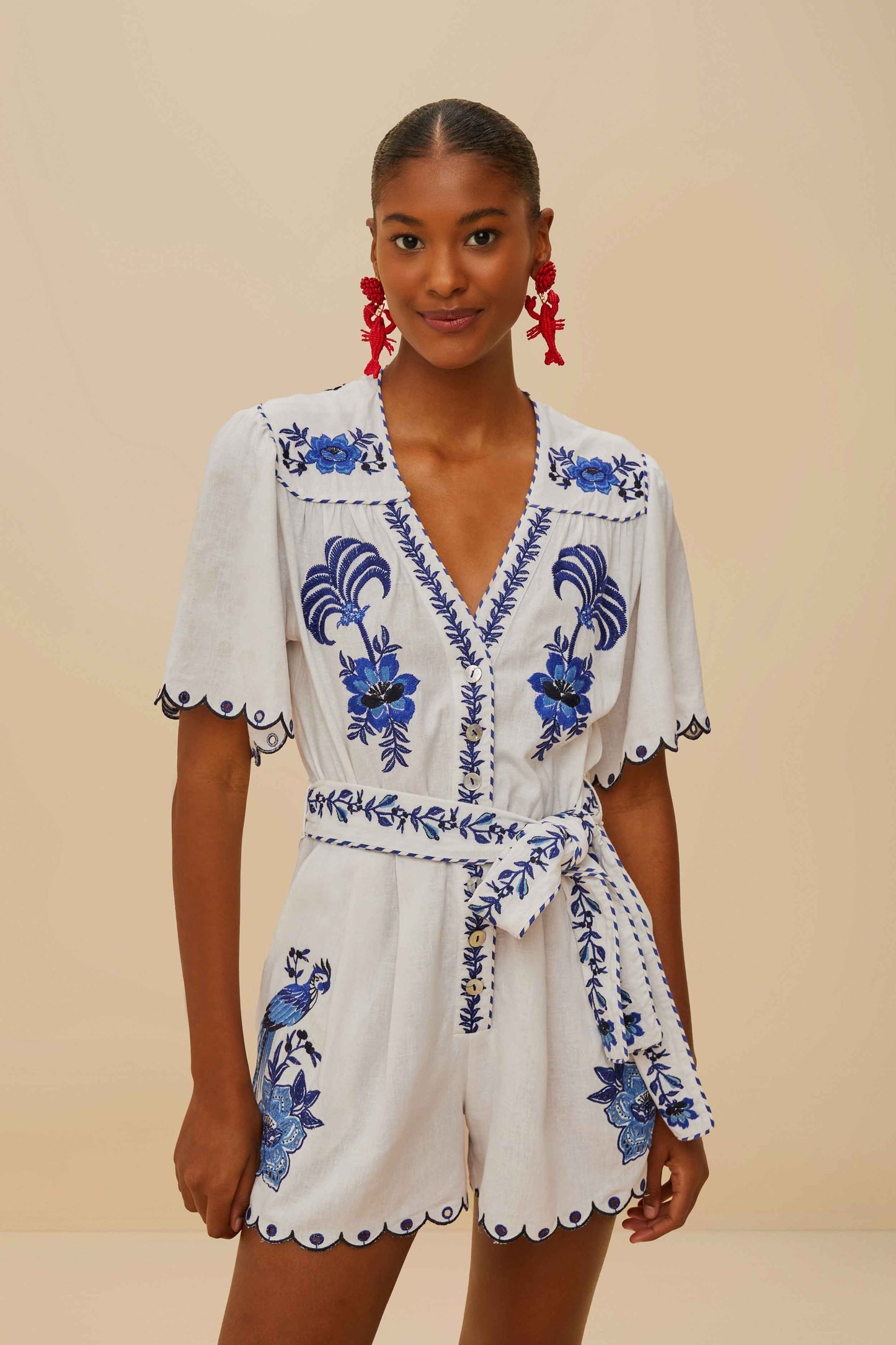 Farm Rio | Delicate Forest Blue Richelieu Embroidered Romper - Off White