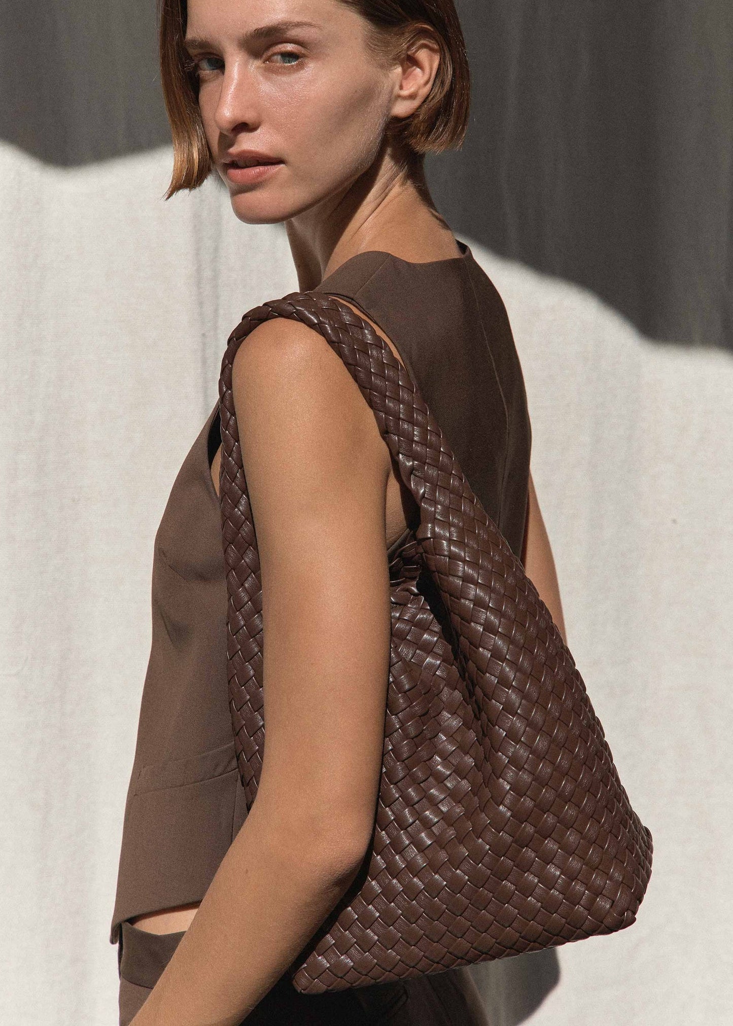 Rylan | Alt-Leather Small Woven Tote - Brown