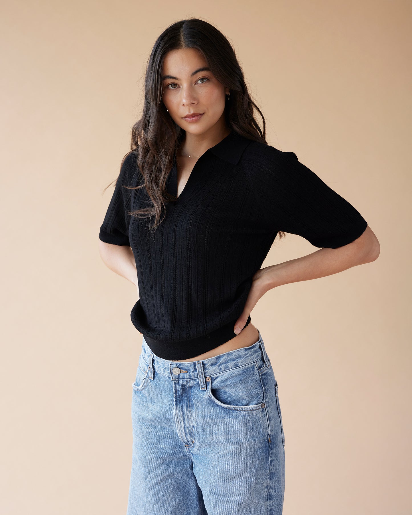 Dear Dylan | Merino Pointelle Palmer Polo - Noir
