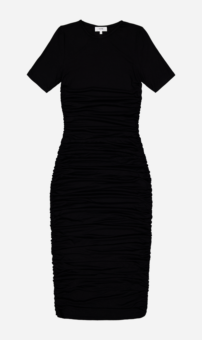Rebe | Ruched Midi Dress - Black