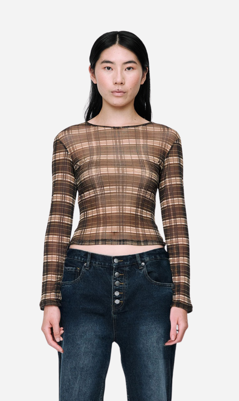 Wynn Hamlyn | Silk Mesh Long Sleeve Top - Brown Check