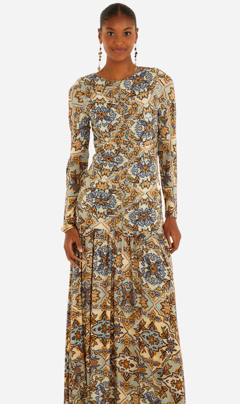 Farm Rio | Blue Long Sleeve Maxi Dress - Winter Tapestry Blue