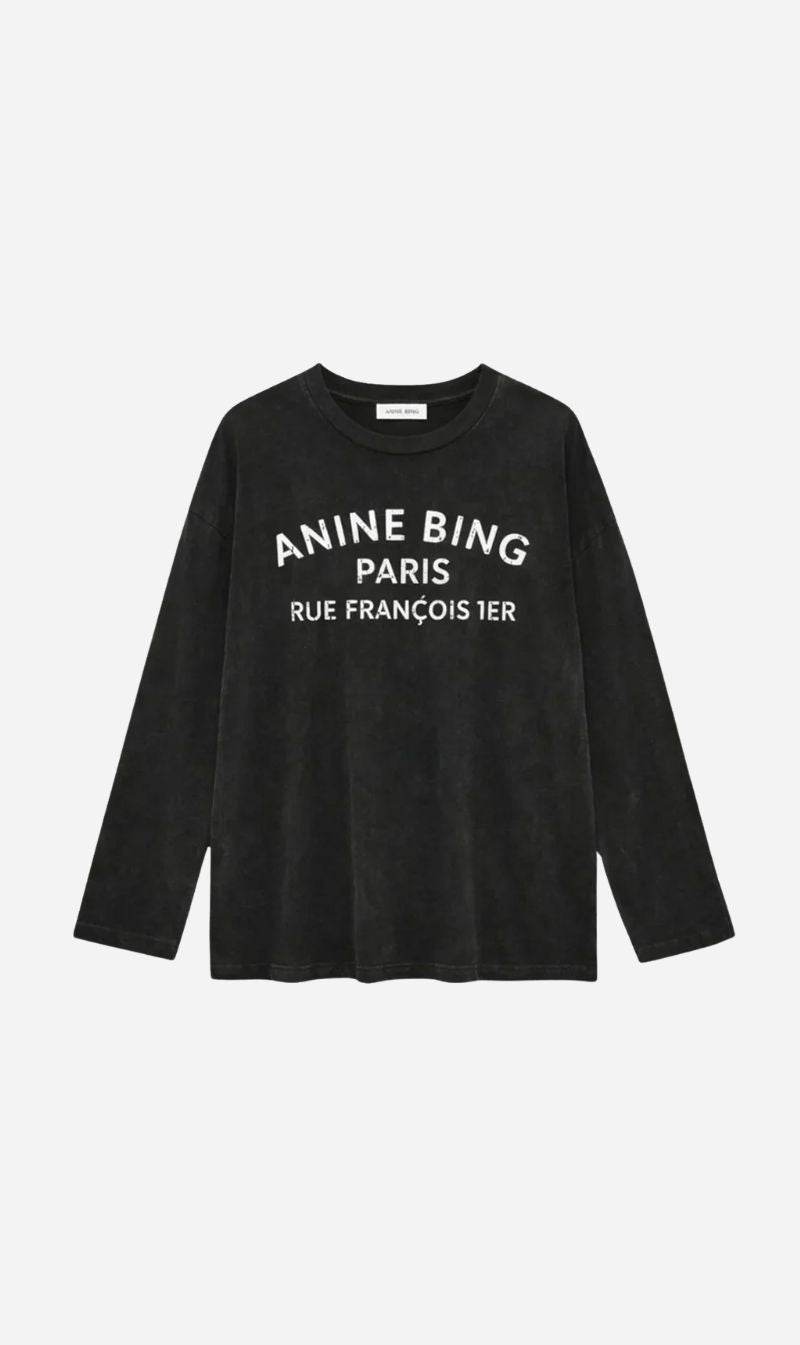 Anine Bing | Ivan Long Sleeve Paris Stencil - Washed Black