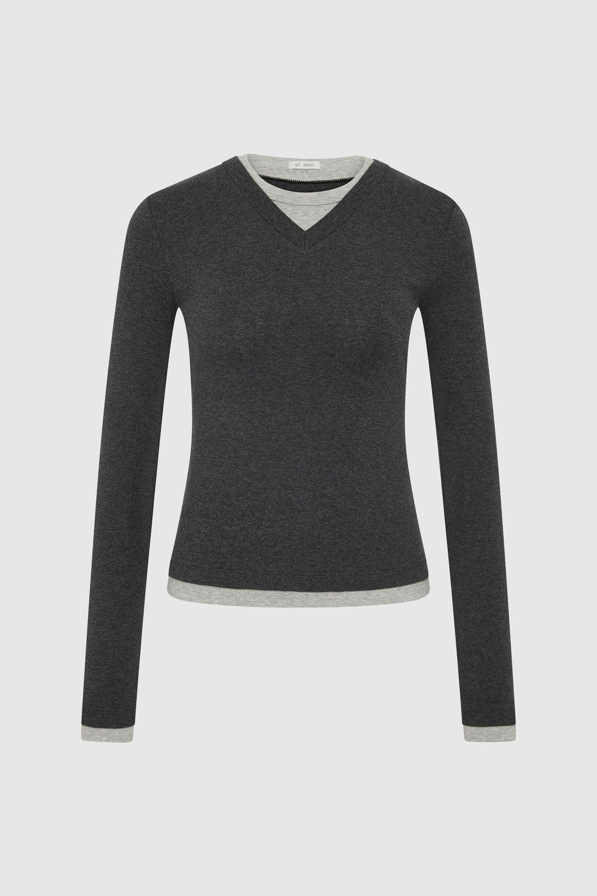St Agni | Organic Cotton V Neck Long Sleeve Top - Charcoal Melange