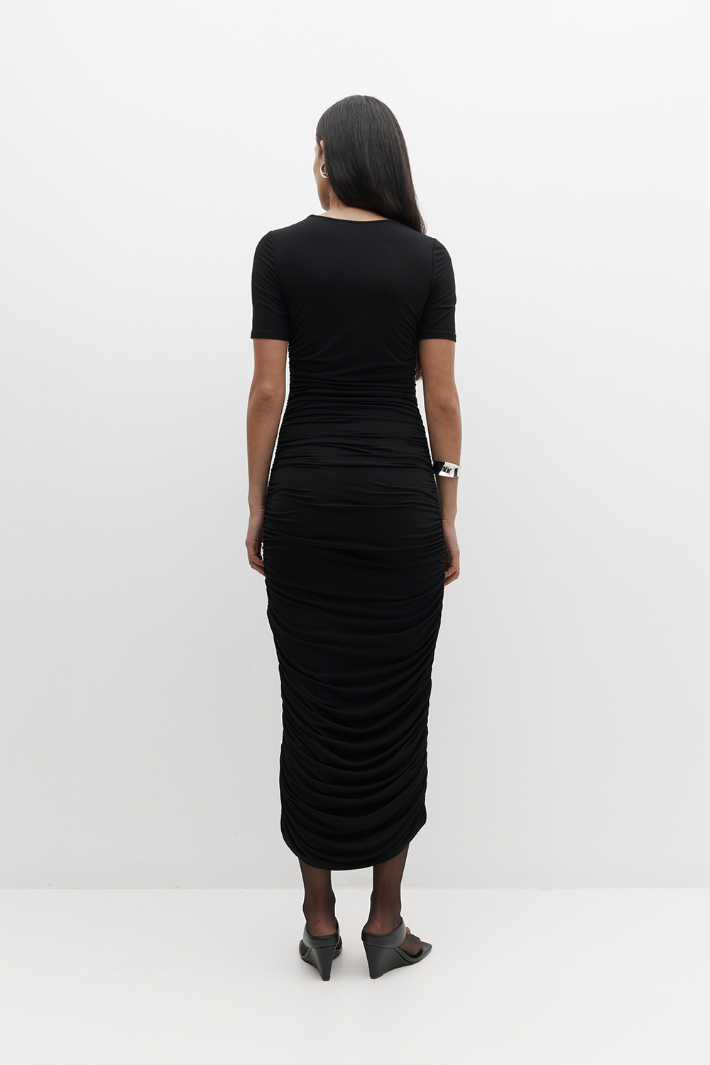 Rebe | Ruched Midi Dress - Black