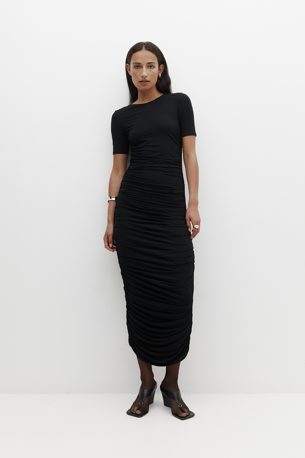 Rebe | Ruched Midi Dress - Black