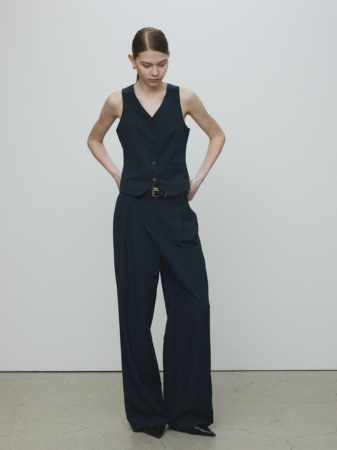 Tonywack | Linen Two Pleats Wide Pants - Navy