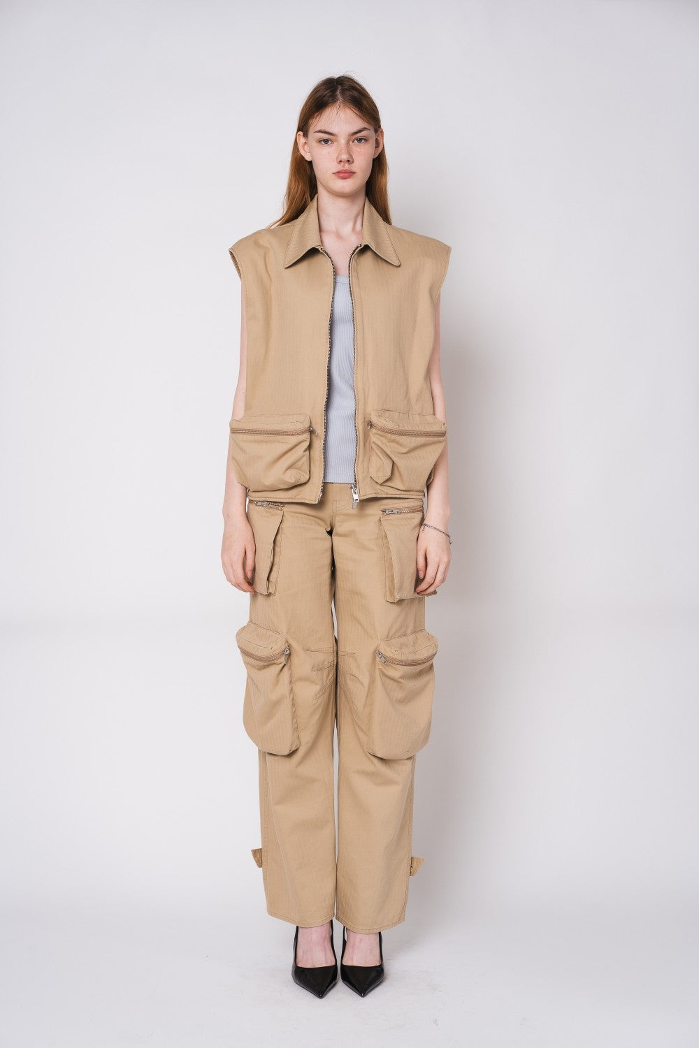 Tonywack | Washed Herringbone Cotton Multi Pocket Cargo Pants - Beige