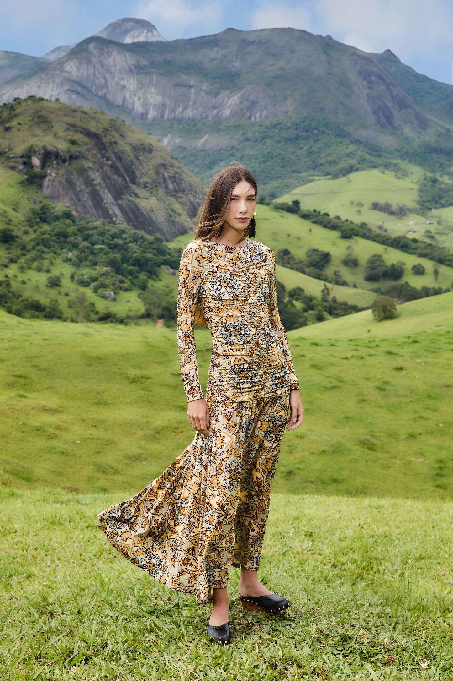 Farm Rio | Blue Long Sleeve Maxi Dress - Winter Tapestry Blue