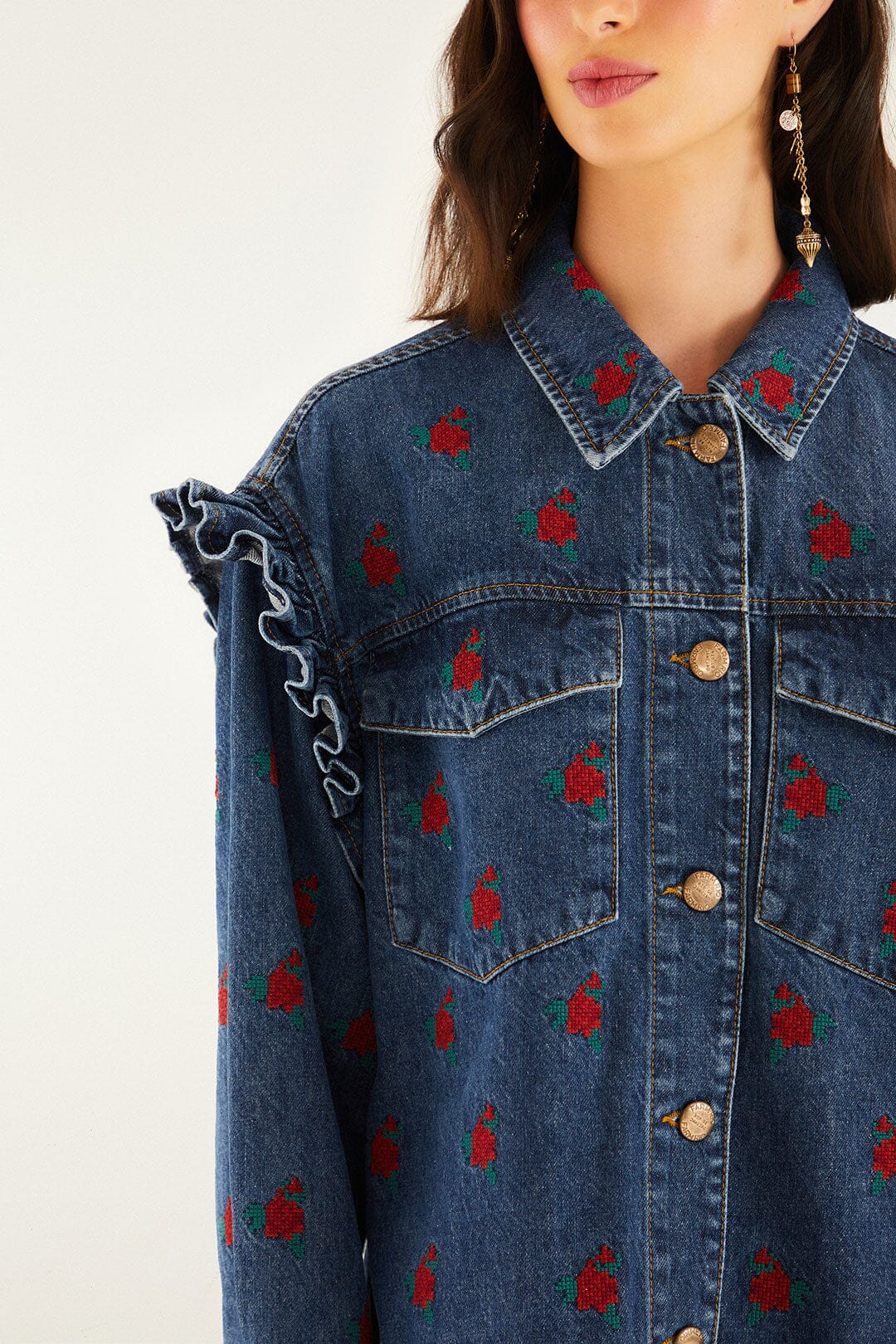 Farm Rio | Flower Embroidered Denim Shirt - Denim