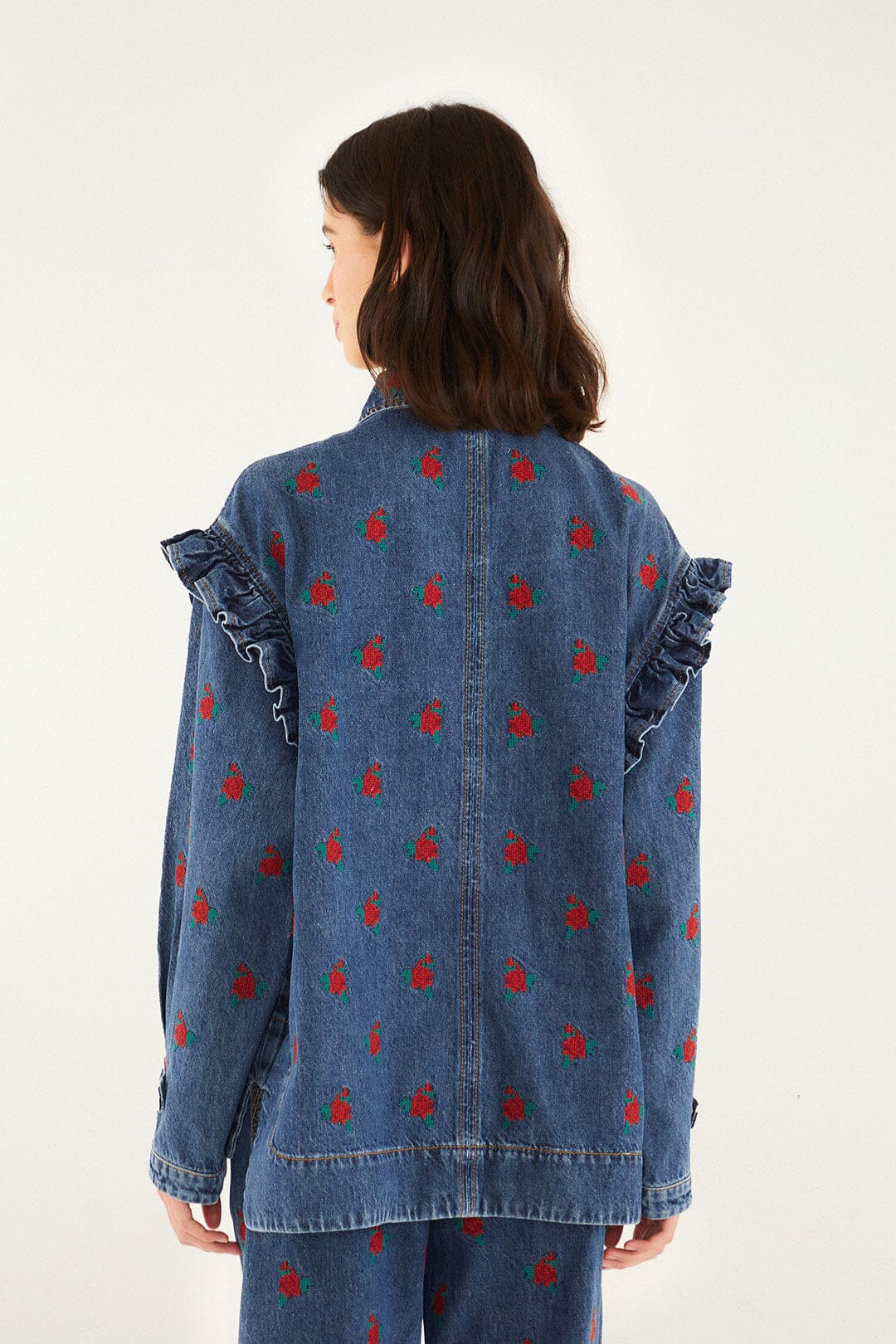 Farm Rio | Flower Embroidered Denim Shirt - Denim