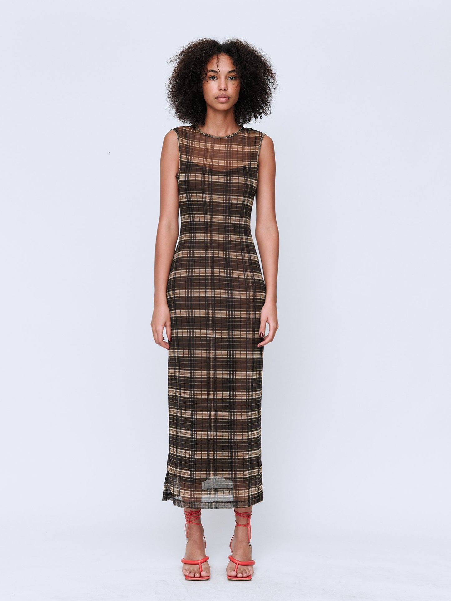 Wynn Hamlyn | Silk Mesh Maxi Dress - Brown Check