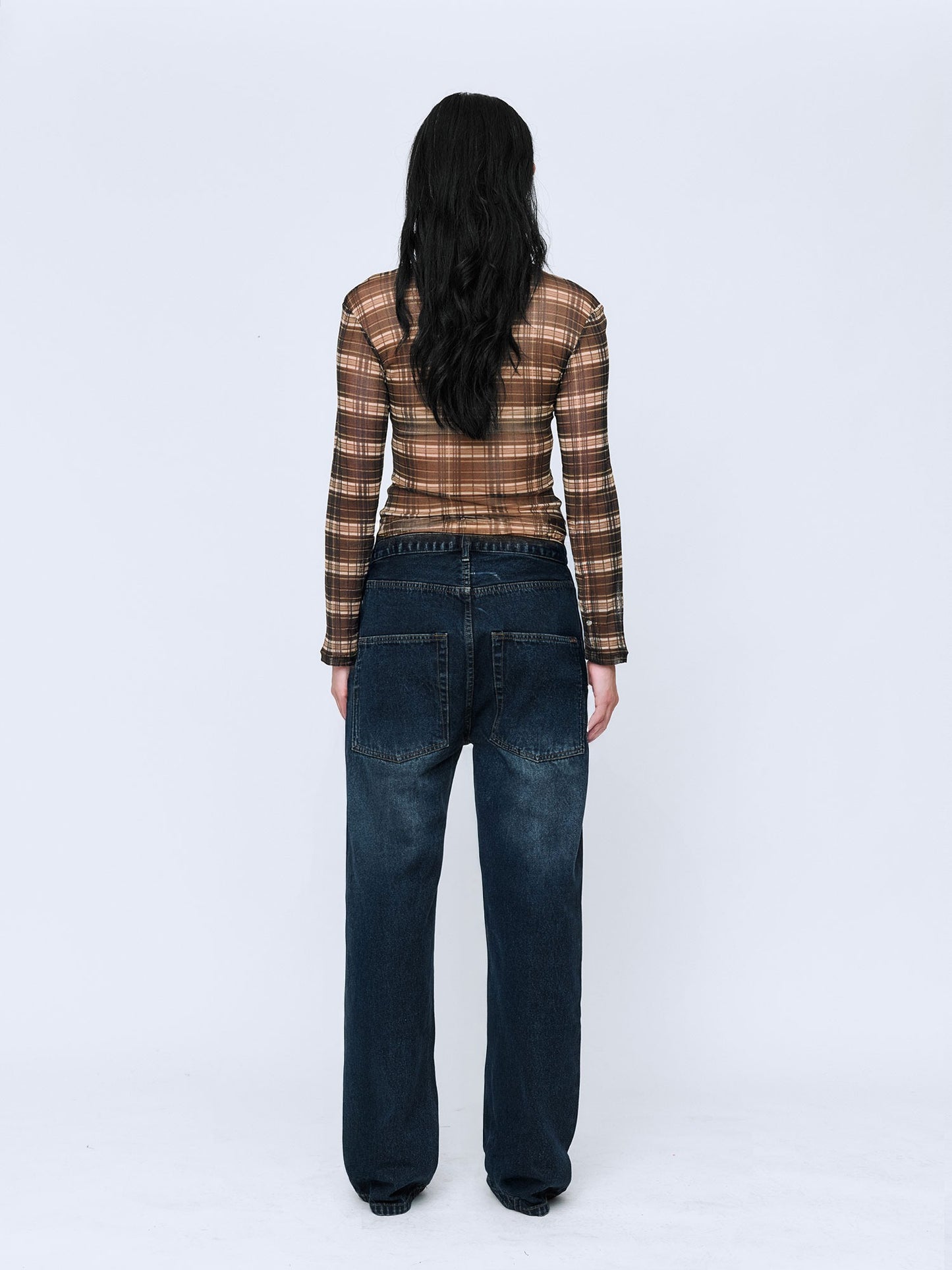 Wynn Hamlyn | Silk Mesh Long Sleeve Top - Brown Check