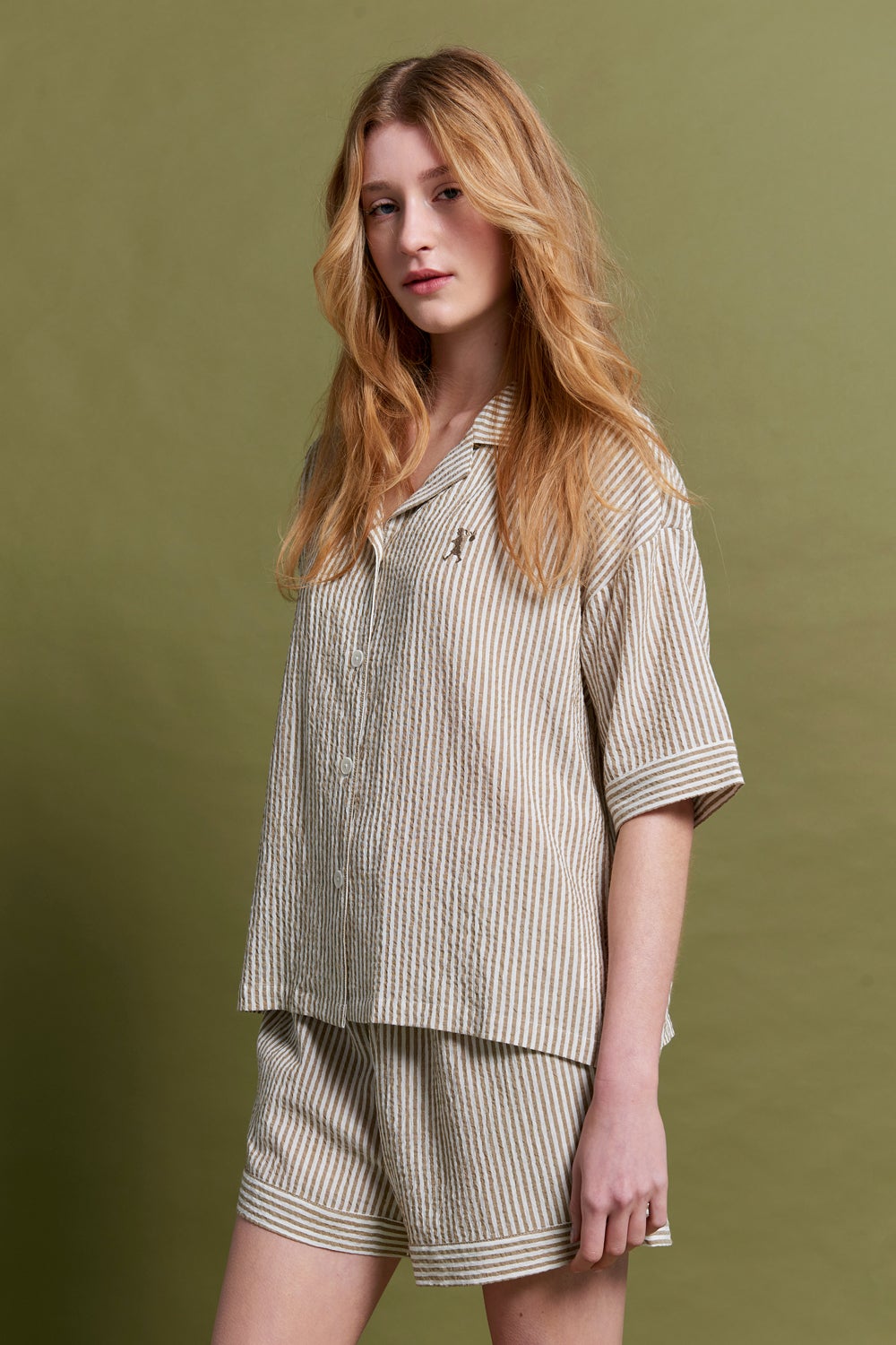 Papinelle x Karen Walker | Seersucker Stripe Boxer PJ Set - Nutria