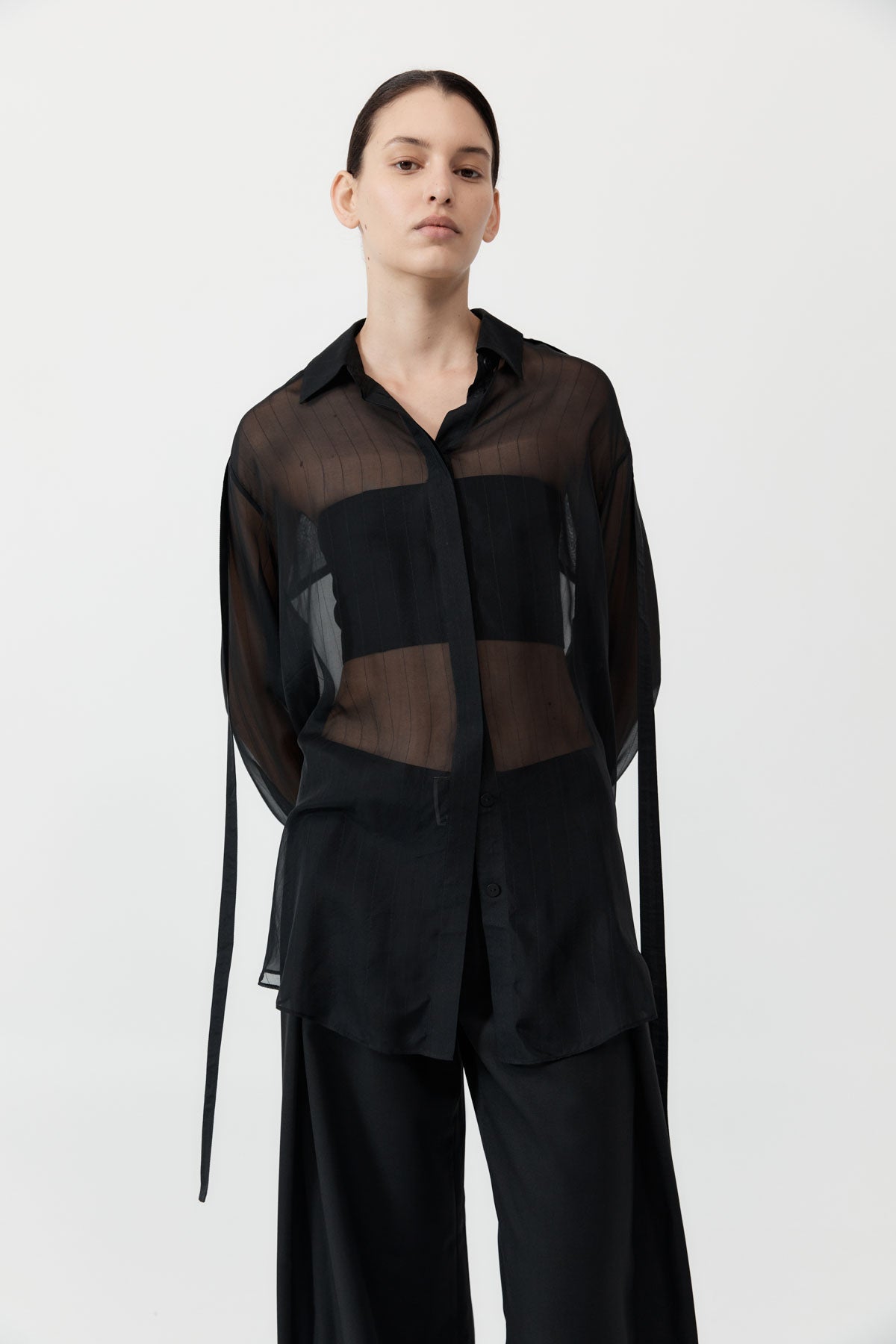 St Agni | Pinstripe Silk Shirt - Black