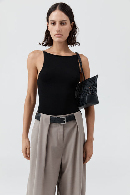 St Agni | Perforated Slim Bateau Tote - Black