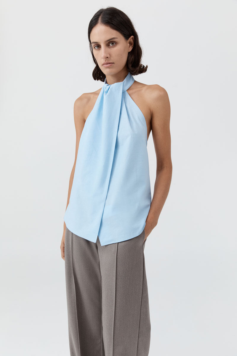 St Agni | Oxford Halter Tie Back Top - Ciel Blue
