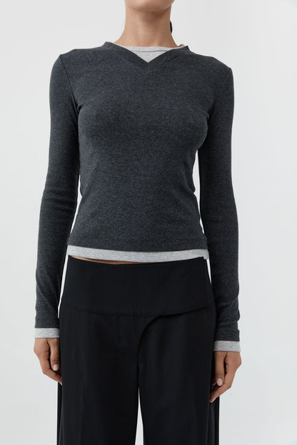 St Agni | Organic Cotton V Neck Long Sleeve Top - Charcoal Melange
