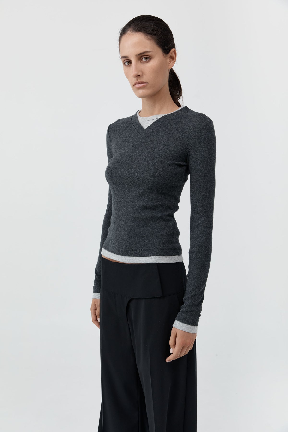 St Agni | Organic Cotton V Neck Long Sleeve Top - Charcoal Melange