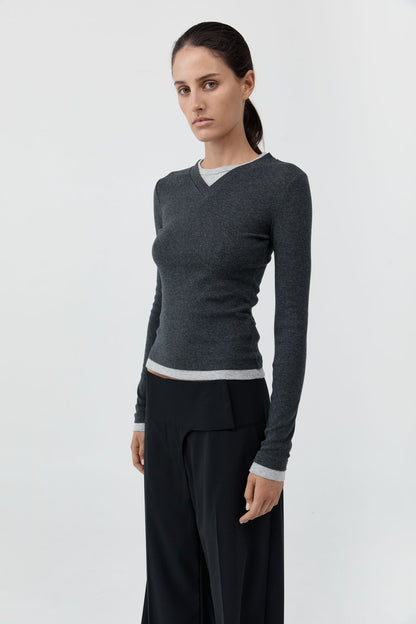St Agni | Organic Cotton V Neck Long Sleeve Top - Charcoal Melange