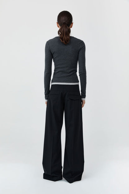 St Agni | Organic Cotton V Neck Long Sleeve Top - Charcoal Melange