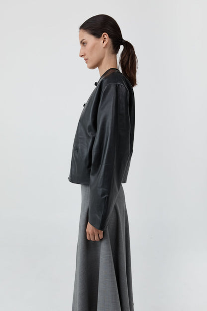 St Agni | Button Detail Cocoon Leather Jacket - Black