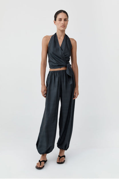 St Agni | Silk Halter Wrap Top - Washed Black