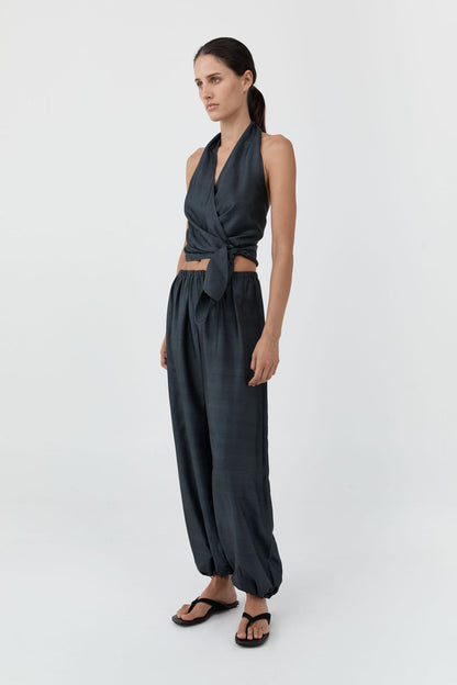 St Agni | Silk Halter Wrap Top - Washed Black