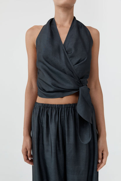 St Agni | Silk Halter Wrap Top - Washed Black