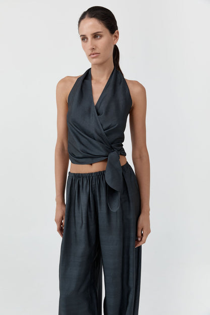 St Agni | Silk Halter Wrap Top - Washed Black