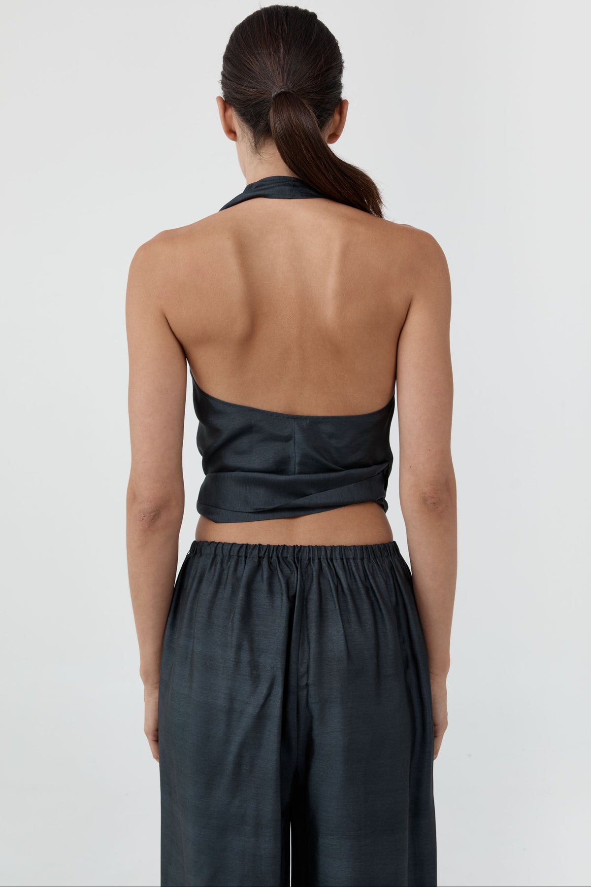 St Agni | Silk Halter Wrap Top - Washed Black
