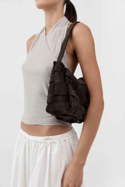 St Agni | Suede Woven Envelope Mini Tote - Coffee