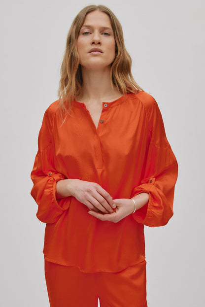 Rabens Saloner | Contrast Lace Shirt - Deep Mandarin