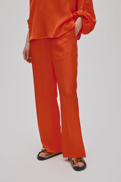 Rabens Saloner | Contrast Lace Wide Leg Pants - Deep Mandarin