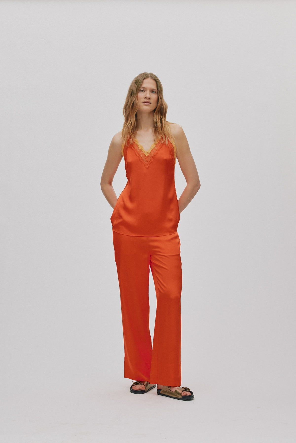 Rabens Saloner | Contrast Lace Camisol Top - Deep Mandarin