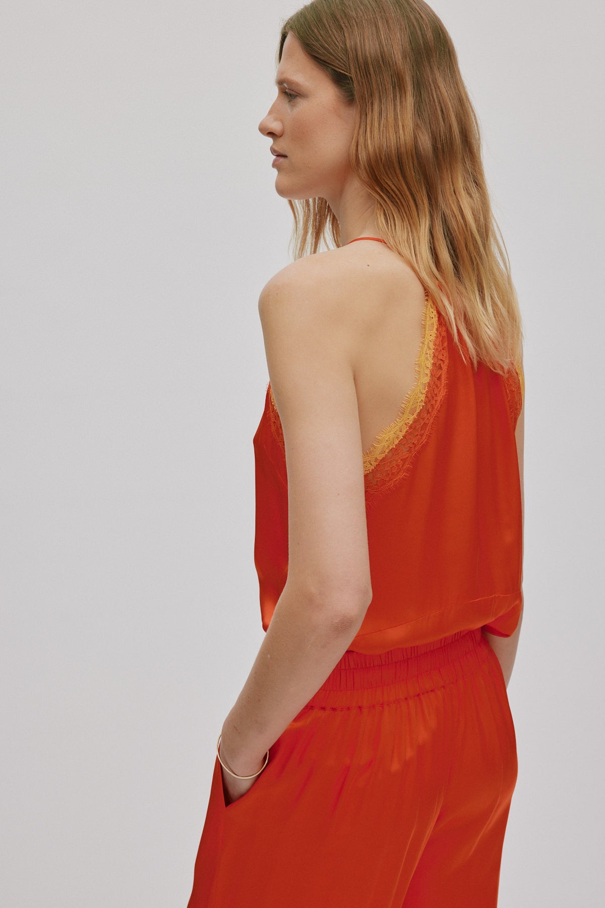 Rabens Saloner | Contrast Lace Camisol Top - Deep Mandarin