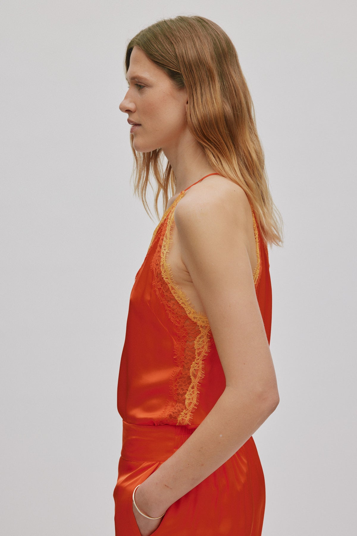 Rabens Saloner | Contrast Lace Camisol Top - Deep Mandarin