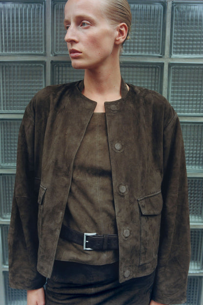 St Agni | Suede Utility Cocoon Bomber - Khaki