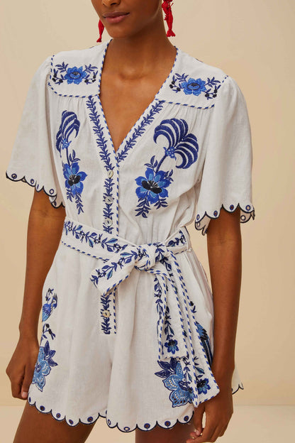 Farm Rio | Delicate Forest Blue Richelieu Embroidered Romper - Off White