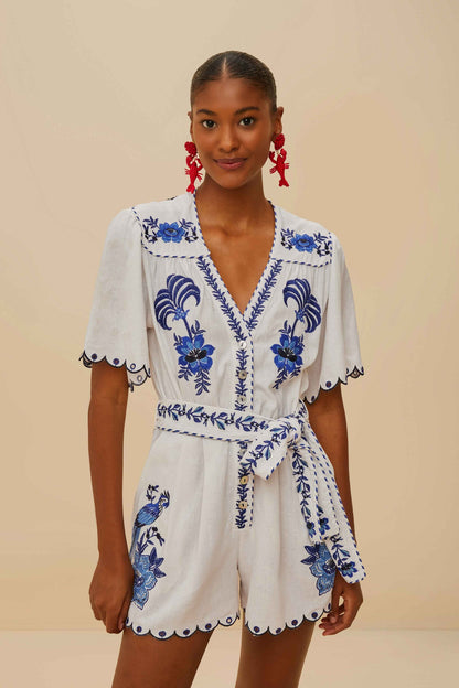 Farm Rio | Delicate Forest Blue Richelieu Embroidered Romper - Off White