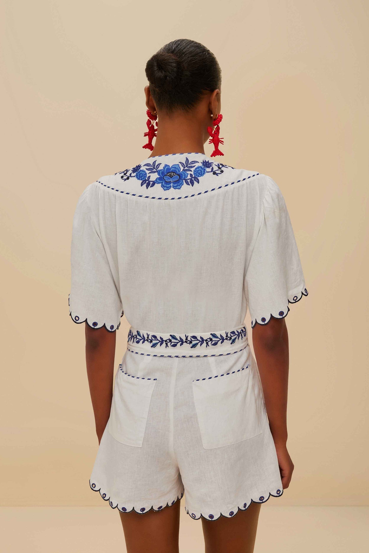 Farm Rio | Delicate Forest Blue Richelieu Embroidered Romper - Off White