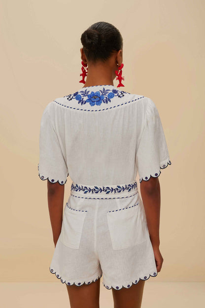 Farm Rio | Delicate Forest Blue Richelieu Embroidered Romper - Off White