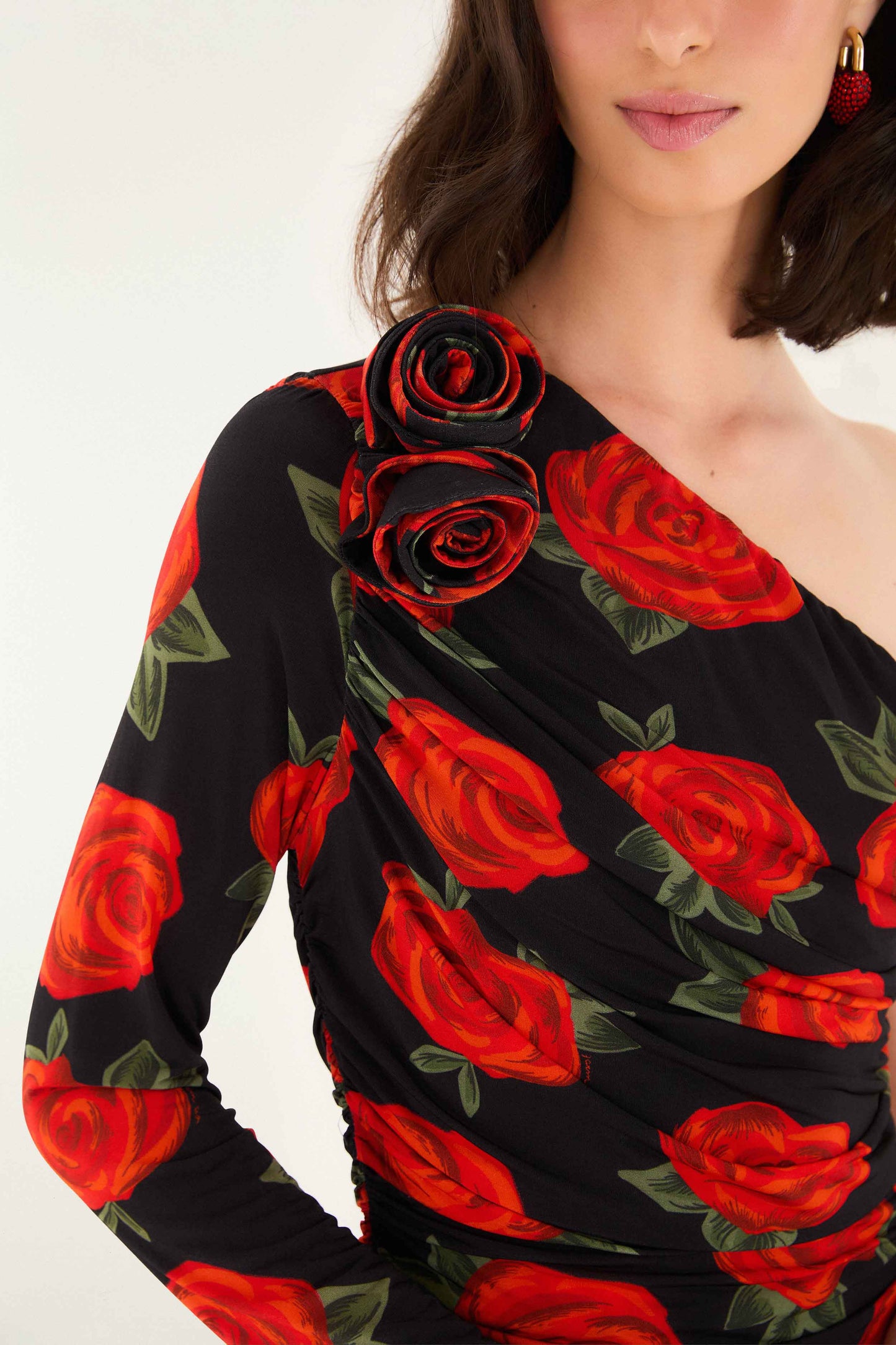 Farm Rio | One Shoulder Midi - Latin Roses Black