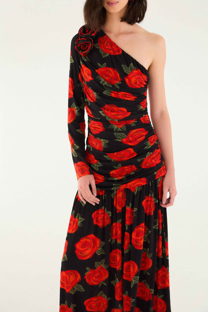 Farm Rio | One Shoulder Midi - Latin Roses Black