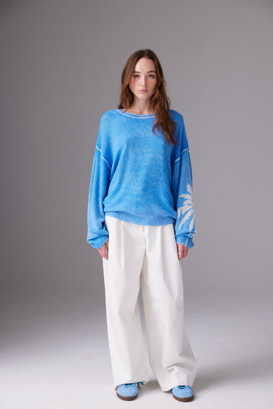 CRUSH | Palm Inked Cashmere Crew Sweater - Sky Mist