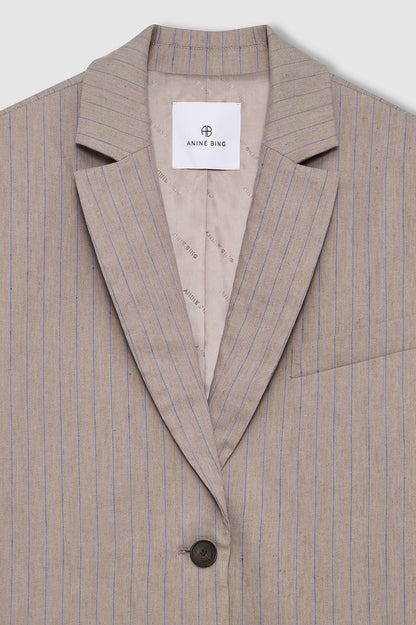 Anine Bing | Quinn Blazer - Taupe & Blue Pinstripe