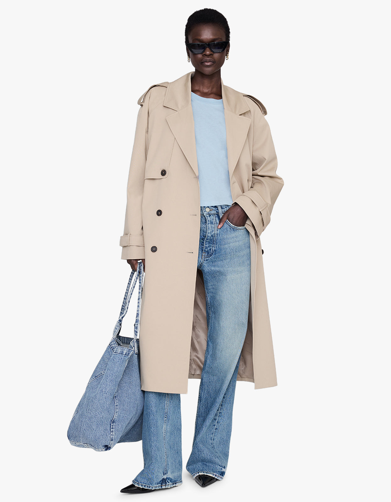 Anine Bing | Johnny Cropped Tee Framed Monogram - Pale Blue