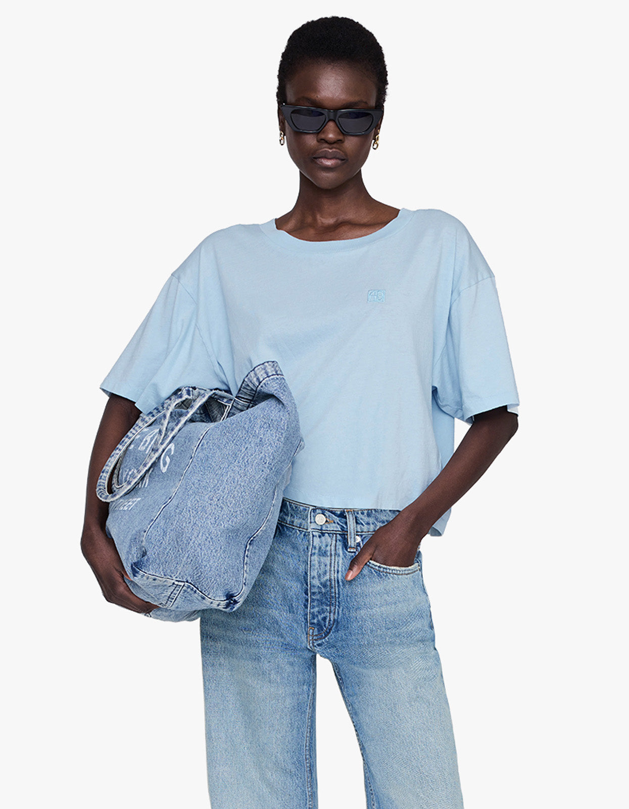 Anine Bing | Johnny Cropped Tee Framed Monogram - Pale Blue